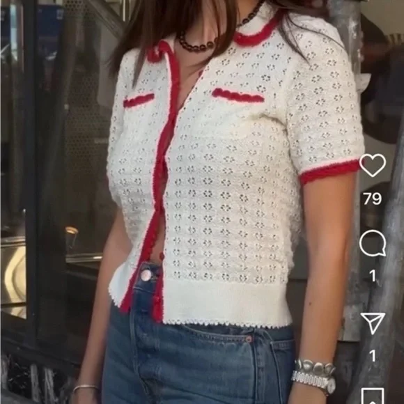 Doen Gloriana Alpaca Silk Collar Crochet Knit Button Sweater Top Moonstone Red - Picture 7 of 14